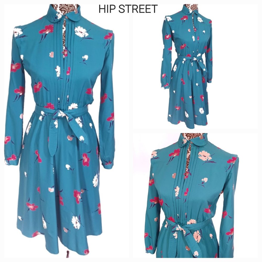 RAOUL PETITE Dress Vintage Pleat Front Floral Grannycore LS Poly Silk 6P